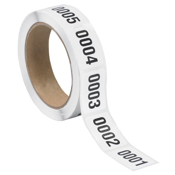 Pressure-sensitive consecutive numbered labels with bold 1/2" black numbers on white background. Ideal for inventory control, product tracking, and skid numbering. 1" x 1.5" white paper labels, 500-count roll.