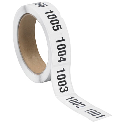 Pressure-sensitive white paper labels with bold black 1/2" consecutive numbers for fast, reliable inventory and product numbering. 1" x 1.5" size, 500 labels per roll. Ideal for warehouses, manufacturers, and logistics operations needing durable, consecutive numbered labeling solutions.
