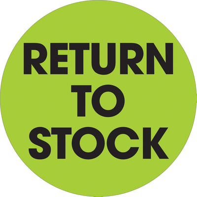 Maximize warehouse visibility with these 2" diameter fluorescent green circle labels printed on high-gloss paper. Each roll contains 500 pre-printed "Return to Stock" labels designed for fast, reliable inventory identification. Compatible with table-top and wall-mount dispensers for seamless warehouse operations.