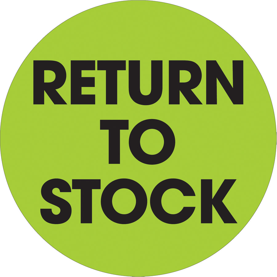 Maximize warehouse visibility with these 2" diameter fluorescent green circle labels printed on high-gloss paper. Each roll contains 500 pre-printed "Return to Stock" labels designed for fast, reliable inventory identification. Compatible with table-top and wall-mount dispensers for seamless warehouse operations.
