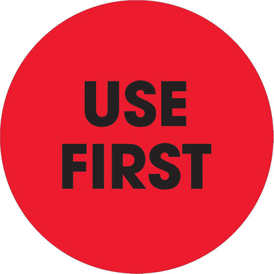 High-gloss fluorescent red 2" circle labels designed for urgent inventory identification and FIRST use compliance. Each roll contains 500 pre-printed labels. Ideal for shipping coordinators and logistics teams who need maximum visibility and regulatory adherence in fast-paced warehouse environments.
