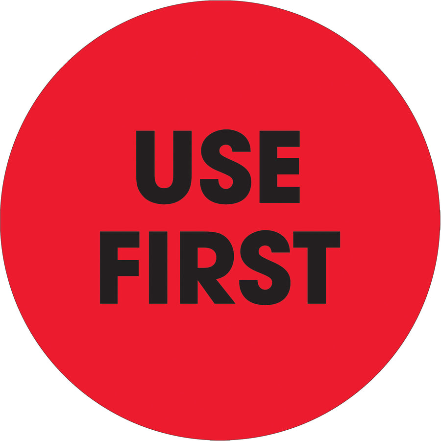 High-gloss fluorescent red 2" circle labels designed for urgent inventory identification and FIRST use compliance. Each roll contains 500 pre-printed labels. Ideal for shipping coordinators and logistics teams who need maximum visibility and regulatory adherence in fast-paced warehouse environments.