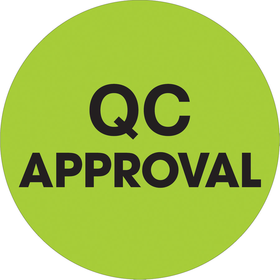 High-visibility fluorescent green circle labels (2" diameter) for rapid QC approval identification in warehouse and logistics operations. Pre-printed on premium high-gloss paper for durability and professional appearance. Roll of 500 labels ships ready to dispense with compatible tabletop or wall-mount applicators.