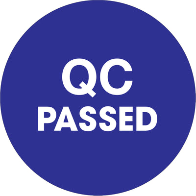 Pre-printed 2" diameter blue circle labels with "QC Passed" text for rapid warehouse inventory management. High-gloss paper construction ensures durability and visibility in fast-paced logistics environments. Sold in rolls of 500 with compatible tabletop and wall-mount dispensers available.