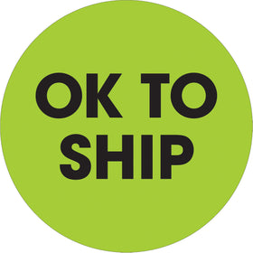 Bright fluorescent green 2" circle labels printed on high-gloss paper for maximum visibility in warehouses and shipping departments. Each roll contains 500 labels and pairs with compatible dispensers for rapid application. OSHA-compliant "OK to Ship" messaging ensures regulatory compliance and reduces shipping errors.