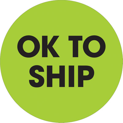 Bright fluorescent green 2" circle labels printed on high-gloss paper for maximum visibility in warehouses and shipping departments. Each roll contains 500 labels and pairs with compatible dispensers for rapid application. OSHA-compliant "OK to Ship" messaging ensures regulatory compliance and reduces shipping errors.