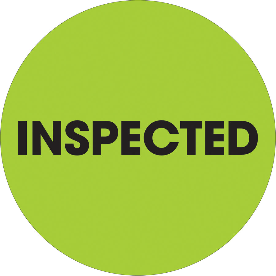 Maximize warehouse visibility with these 2" diameter fluorescent green circle labels printed on high-gloss paper. Each roll contains 500 pre-printed "Inspected" labels designed for immediate deployment in sorting, receiving, and quality control operations. Compatible with all major tabletop and wall-mount dispensers for seamless integration into your existing labeling workflow.