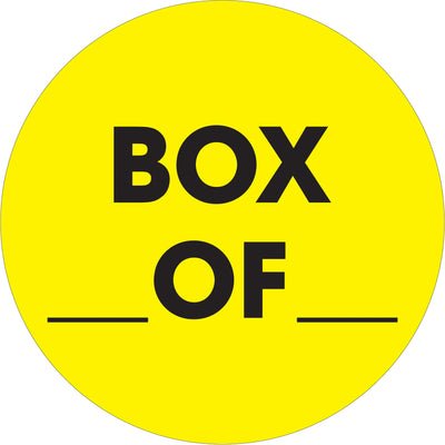High-visibility fluorescent yellow circle labels designed for warehouse inventory tracking and box labeling compliance. 2" diameter, printed on high-gloss paper for durability and clarity. Sold as rolls of 500 units with compatible tabletop and wall-mount dispensers available.