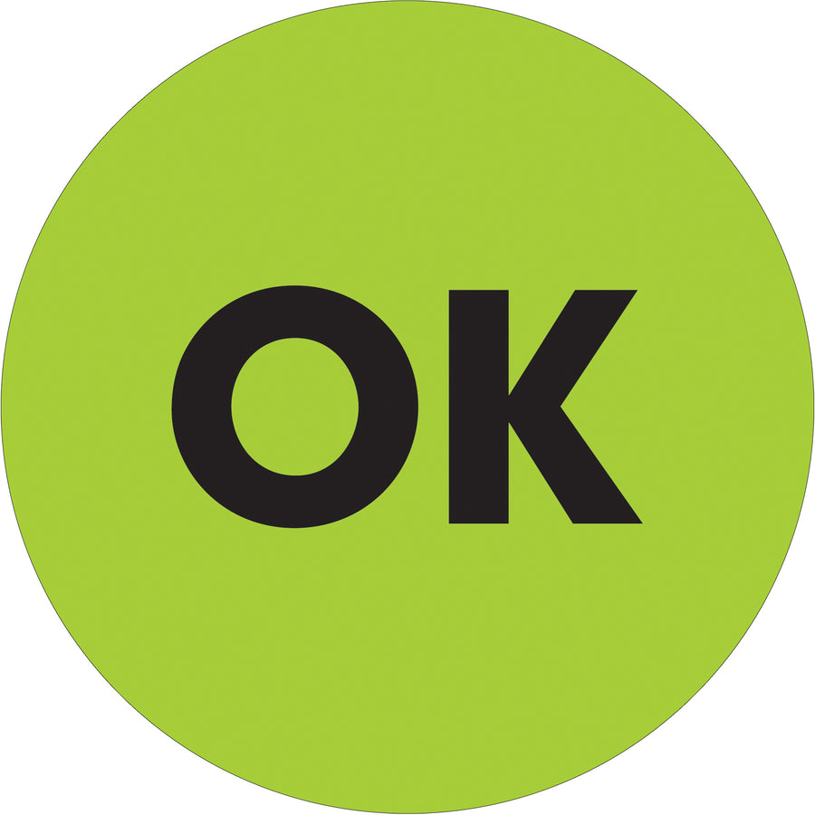 High-visibility 1" diameter circle inventory labels in fluorescent green with "OK" pre-print on durable high-gloss paper. Sold in rolls of 500 labels. Perfect for warehouse inventory systems, quality control checkpoints, and compliance documentation. Pairs seamlessly with table-top and wall-mount dispensers for efficient warehouse operations.