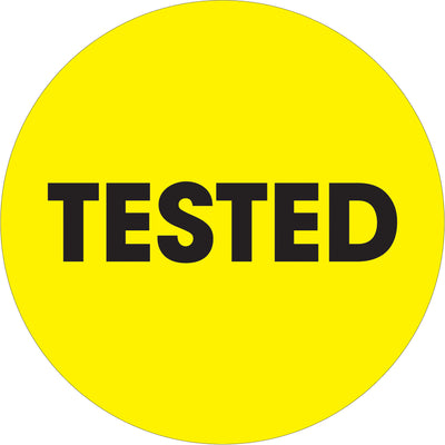Enhance warehouse visibility and inventory accuracy with these 2" diameter fluorescent yellow circle labels printed on high gloss paper. Sold as a roll of 500 units, these pre-printed "Tested" labels are designed for quick identification and compliance documentation. Compatible with standard tabletop and wall-mount label dispensers for seamless warehouse operations.