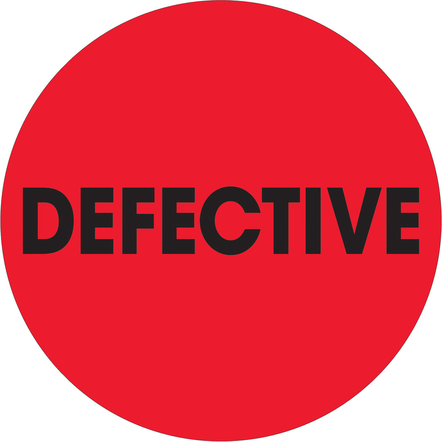 High-visibility fluorescent red circle labels designed for quick identification of defective inventory in warehouses and logistics operations. 2" diameter pre-printed labels on premium high-gloss paper, sold in convenient 500-label rolls. Compatible with both tabletop and wall-mount dispensers for flexible application.