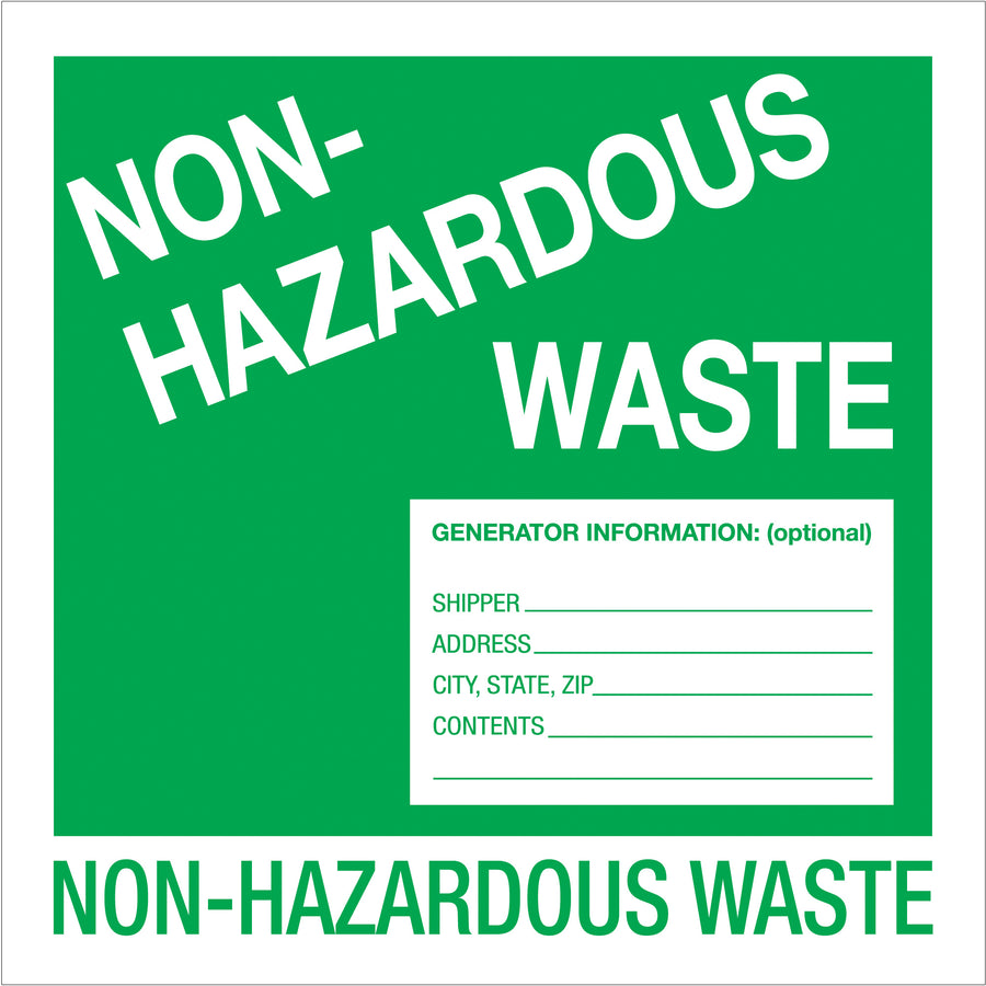 Ensure regulatory compliance with EPA and DOT-approved non-hazardous waste labels. These 6" x 6" green/white labels come in rolls of 500, providing maximum visibility for waste containment and vehicle marking. Essential for shipping coordinators managing waste stream documentation.