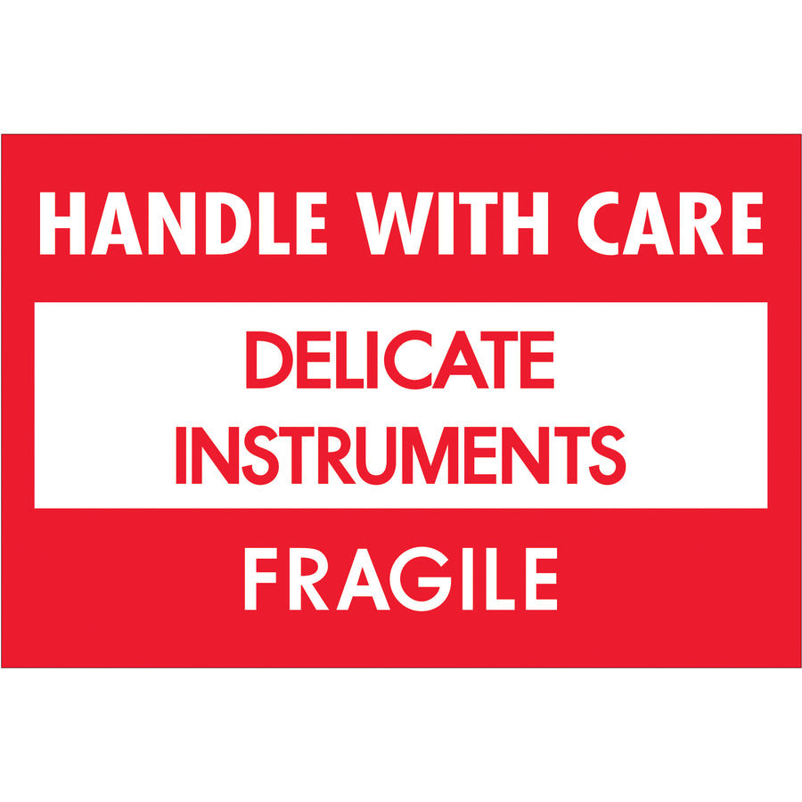 High-visibility 2x3" delicate instruments labels printed on durable semi-gloss coated paper to ensure handlers immediately recognize sensitive contents. Each roll contains 500 labels, providing cost-effective compliance labeling for ongoing shipping operations. Bold red and white design meets industry fragile goods standards and international recognition requirements.