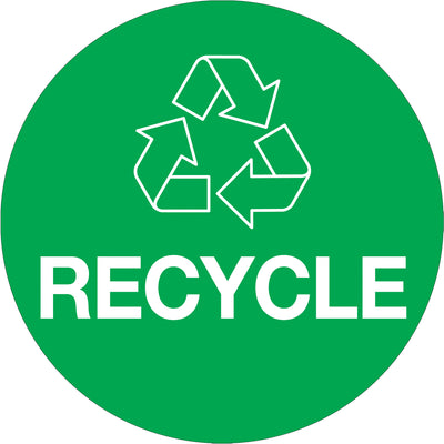 Professional 3" diameter green recycle labels printed on premium high gloss paper for maximum durability and visibility. Roll of 500 labels ensures long-term inventory supply. Compatible with both tabletop and wall-mount dispensers for flexible workplace deployment.