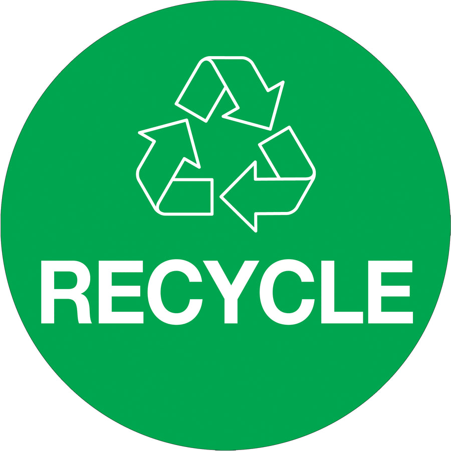 Professional 3" diameter green recycle labels printed on premium high gloss paper for maximum durability and visibility. Roll of 500 labels ensures long-term inventory supply. Compatible with both tabletop and wall-mount dispensers for flexible workplace deployment.