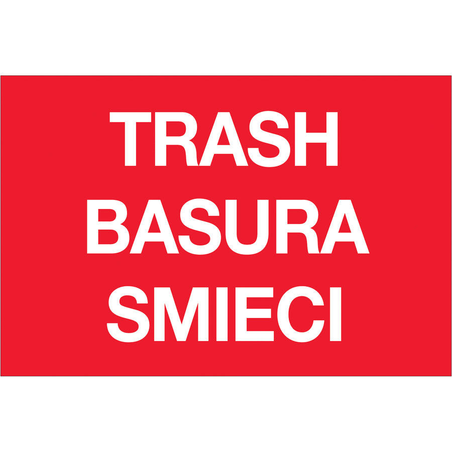 Clearly mark waste and recycling bins with these 2" x 3" red trash labels printed on premium high gloss paper for maximum durability and visibility. Each roll contains 500 labels with bold, multilingual text (Trash/Basura/Smieci) that resists fading and moisture. Compatible with popular tabletop and wall-mount dispensers for seamless facility management.