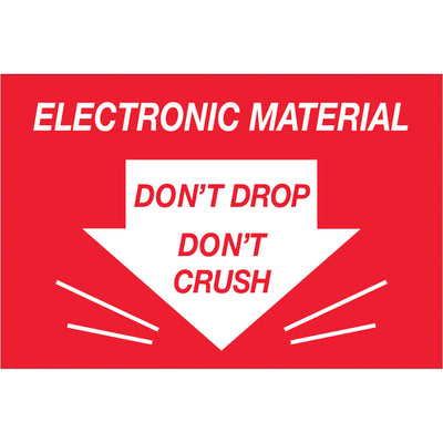 Internationally recognized 2" x 3" Don't Drop Don't Crush labels designed specifically for protecting electronic materials in transit. Printed on durable semi-gloss coated paper with bold red and white messaging that demands attention from handlers. Each roll contains 500 labels‚ready to integrate with compatible tabletop (SL9506, SL9512, SL9518) or wall-mount dispensers (LDM300, LDM450, LDM850, LDM1250).