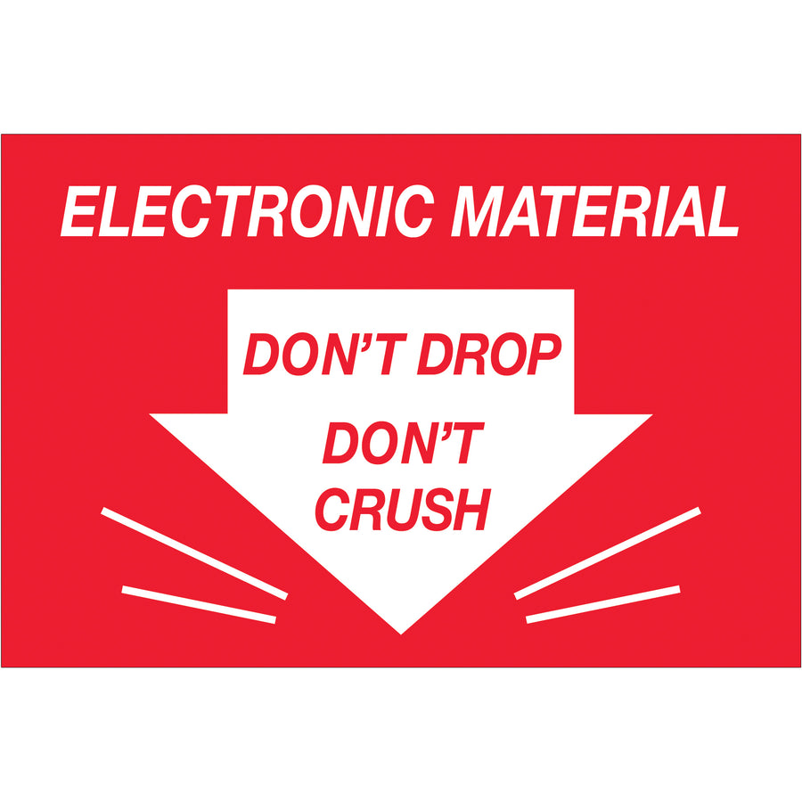 Internationally recognized 2" x 3" Don't Drop Don't Crush labels designed specifically for protecting electronic materials in transit. Printed on durable semi-gloss coated paper with bold red and white messaging that demands attention from handlers. Each roll contains 500 labels‚ready to integrate with compatible tabletop (SL9506, SL9512, SL9518) or wall-mount dispensers (LDM300, LDM450, LDM850, LDM1250).