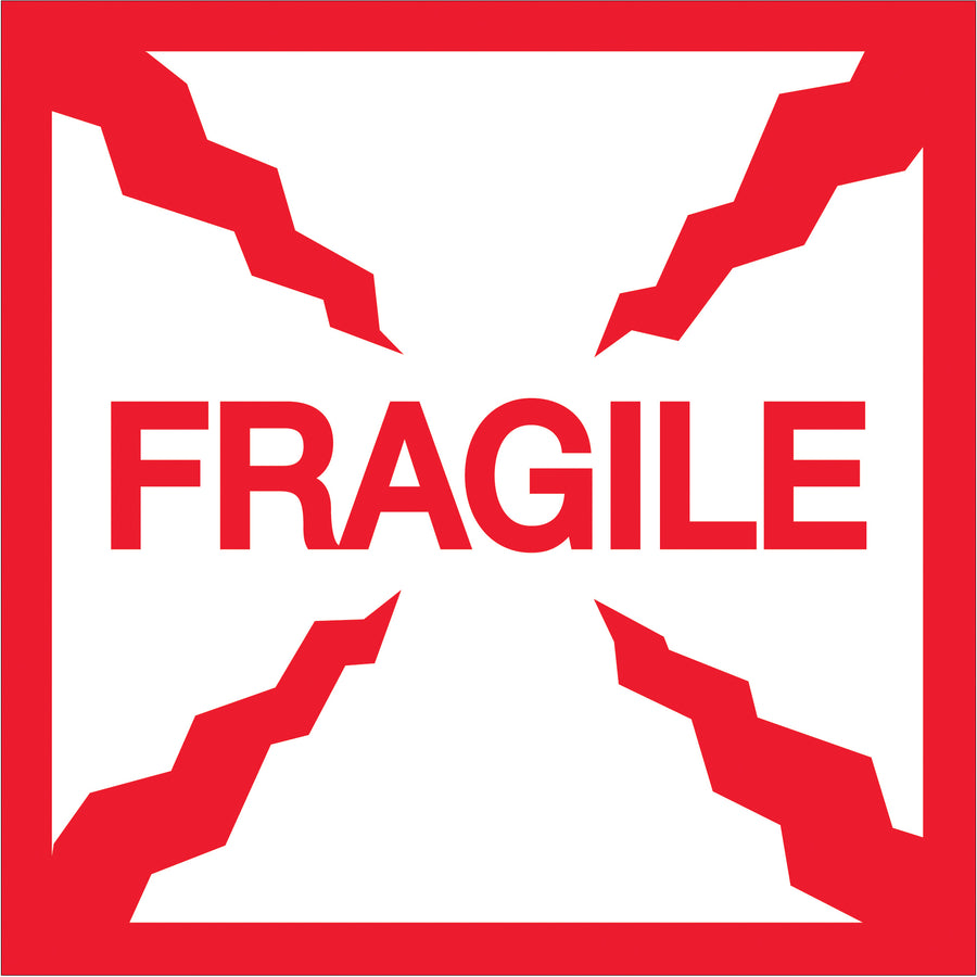 High-visibility 2" x 2" fragile labels printed on semi-gloss coated paper in bold red and white–500 labels per roll. Meets international shipping and handling requirements while ensuring your fragile items stand out in warehouse and transit environments. Compatible with Packrift table top and wall mount dispensers for seamless integration into your logistics workflow.