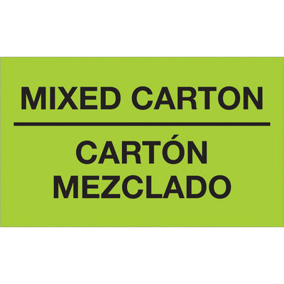 Grab handler attention instantly with fluorescent green bilingual labels that meet international shipping compliance. Each 3x5" label features bold white text for mixed carton and special handling instructions in English and Spanish. Semi-gloss coated paper ensures durability through the supply chain–500 labels per roll.