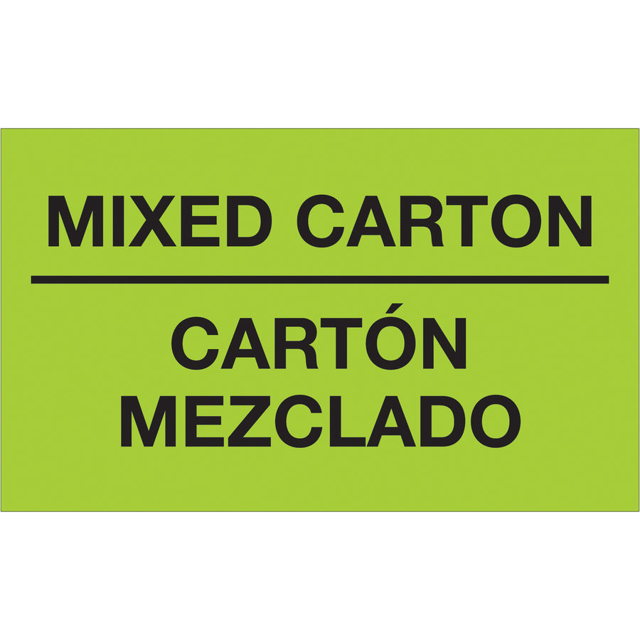 Grab handler attention instantly with fluorescent green bilingual labels that meet international shipping compliance. Each 3x5" label features bold white text for mixed carton and special handling instructions in English and Spanish. Semi-gloss coated paper ensures durability through the supply chain–500 labels per roll.