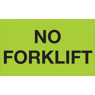 High-visibility 3x5" fluorescent green "No Forklift" labels printed on durable semi-gloss coated paper. Each roll contains 500 labels‚ideal for shipping coordinators who need immediate equipment handling identification. Compatible with popular tabletop and wall-mount dispensers for seamless warehouse integration.