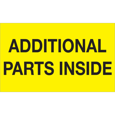 Meet international shipping compliance with high-visibility 3x5 fluorescent yellow "Additional Parts Inside" labels. Printed on durable semi-gloss coated paper for reliability in enclosed packages. 500 labels per roll with compatible tabletop and wall-mount dispensers available.