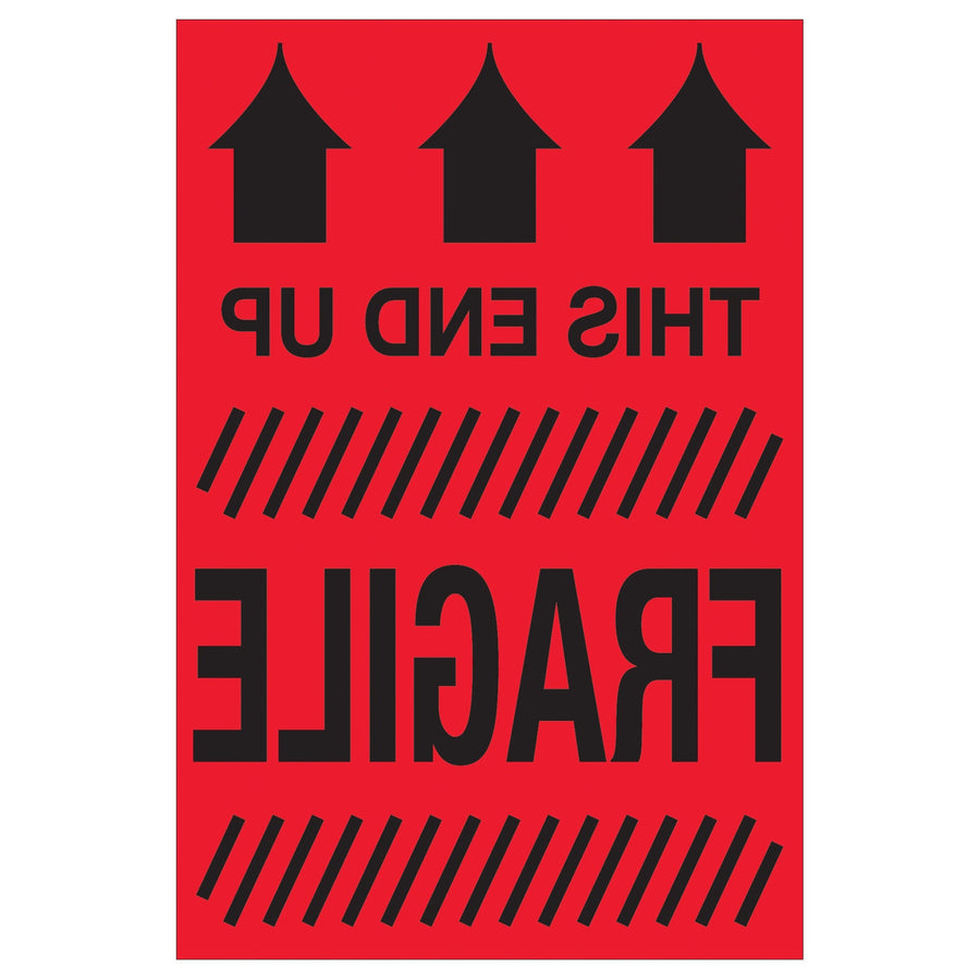 2x3 Fluorescent Red This End Up Fragile Labels Semi-Gloss 500/Roll DL1325 - alias listing