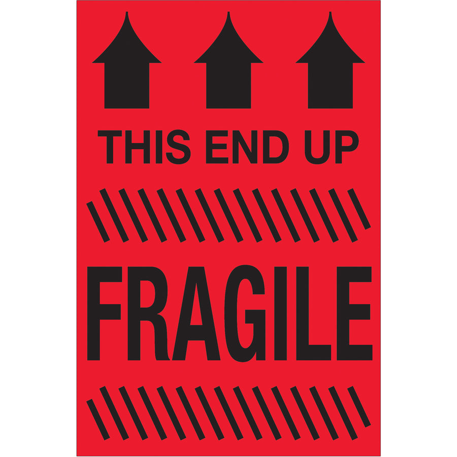 Internationally recognized "This End Up - Fragile" labels in high-visibility fluorescent red. 2" x 3" semi-gloss coated paper labels sold in convenient rolls of 500. Ensure safe handling and regulatory compliance across domestic and international shipments with Packrift's premium special handling labels.