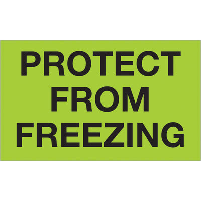 High-visibility 3x5 fluorescent green "Protect From Freezing" labels designed for international shipping compliance. Semi-gloss coated paper provides durability and professional appearance on temperature-sensitive packages. Roll of 500 labels with compatible dispensers for warehouse efficiency.