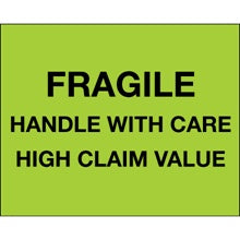 8x10 High Claim Value Fragile Fluorescent Green Labels 250/Roll