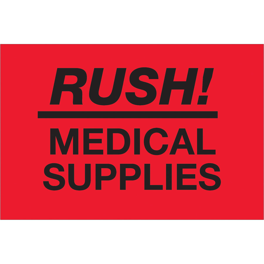 High-visibility 2x3" fluorescent red rush labels designed for medical supply shipments requiring immediate handling attention. Printed on semi-gloss coated paper for durability and professional appearance. Sold as a roll of 500 labels with compatible tabletop and wall-mount dispensers available.
