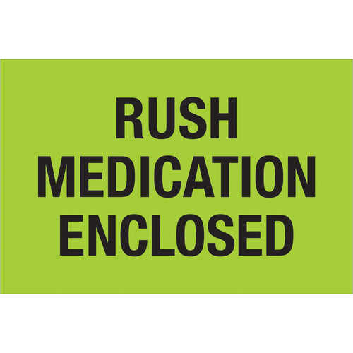 High-visibility fluorescent green Rush Medication Enclosed labels sized 2