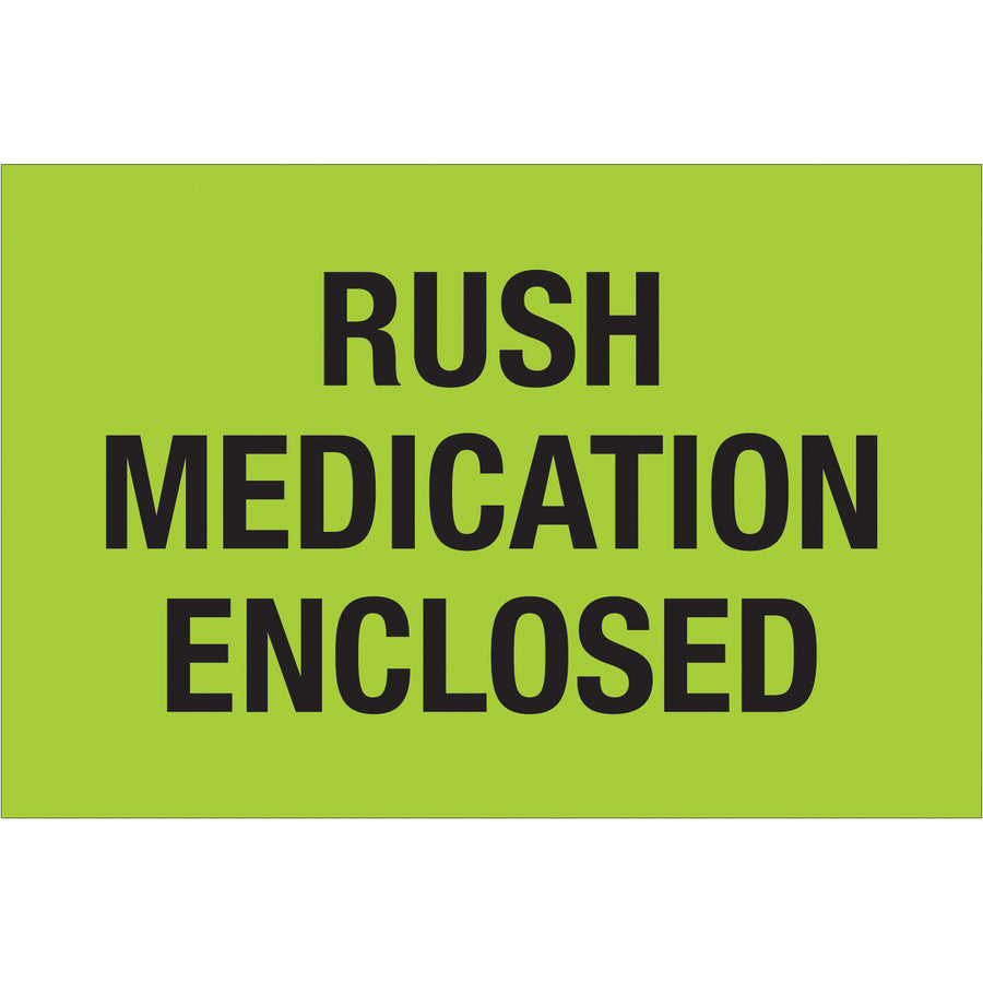 High-visibility fluorescent green Rush Medication Enclosed labels sized 2" x 3" on durable semi-gloss coated paper. Sold as a roll of 500 labels, these are internationally recognized for pharmaceutical and hazardous material shipments. Compatible with table-top and wall-mount dispensers for efficient warehouse operations.