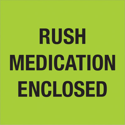 International-compliant RUSH medication shipping labels in high-visibility fluorescent green. 4x4" semi-gloss coated paper, 500-label rolls ensure consistent, professional identification across global logistics operations. Compatible with standard tabletop and wall-mount dispensers for seamless warehouse integration.