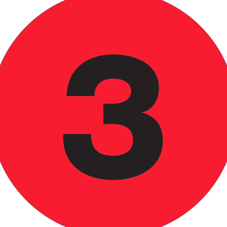 3 in Fluorescent Red Circle Number Labels High Gloss Paper 500/Roll DL1343 - alias listing