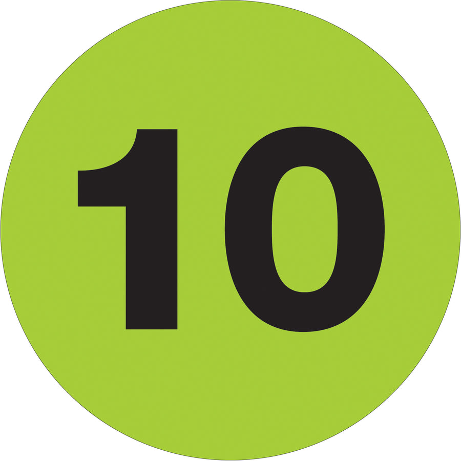 Highly visible fluorescent green circle number labels designed for rapid inventory identification in warehouses and logistics facilities. 3" diameter, high-gloss paper construction, 500 labels per roll. Compatible with tabletop and wall-mounted dispensers for easy application across your operation.