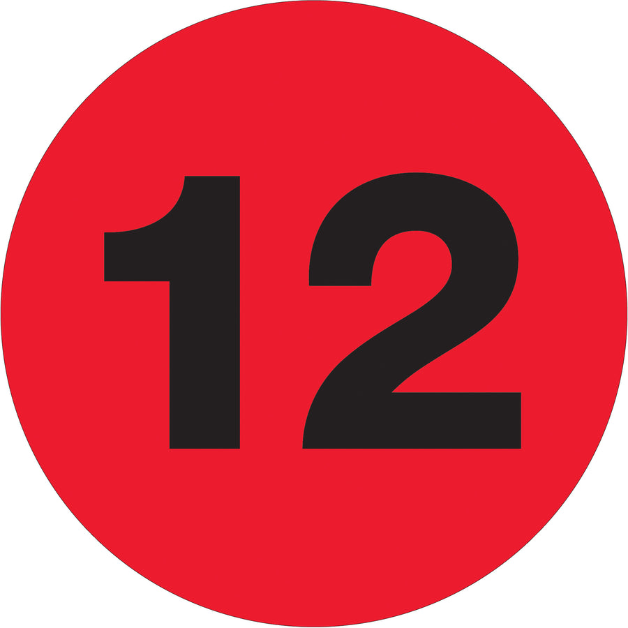 Bright fluorescent red 3-inch circle number labels printed on high-gloss paper for maximum visibility in warehouses and logistics facilities. Each roll contains 500 labels–ideal for inventory control, pallet marking, and asset tracking. Compatible with tabletop and wall-mount dispensers for efficient application.