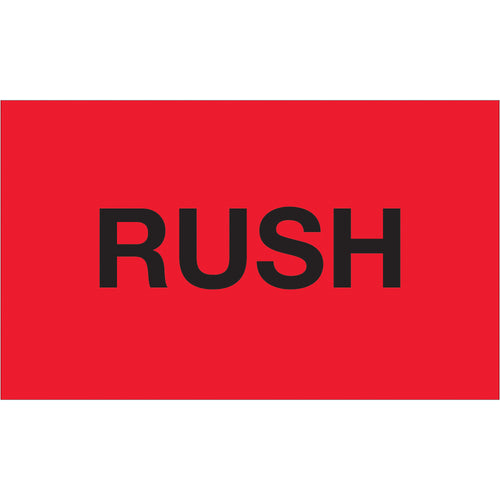 Internationally recognized 3x5 fluorescent red rush labels printed on semi-gloss coated paper. 500 labels per roll for high-visibility shipping and handling applications. Compatible with tabletop and wall-mount dispensers for seamless warehouse integration.