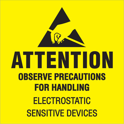 High-visibility 2" x 2" fluorescent yellow anti-static labels for critical shipping and handling compliance. Pre-printed with international "Attention - Observe Precautions" messaging on durable semi-gloss coated paper. Roll of 500 labels ships fast with compatible tabletop and wall-mount dispensers in stock.