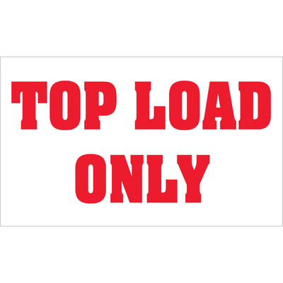 High-visibility 3x5" Top Load Only labels designed for shipping coordinators who need international compliance recognition. Printed on durable semi-gloss coated paper with bold red/white contrast. Sold as 500-label rolls with compatible tabletop and wall-mount dispensers available.