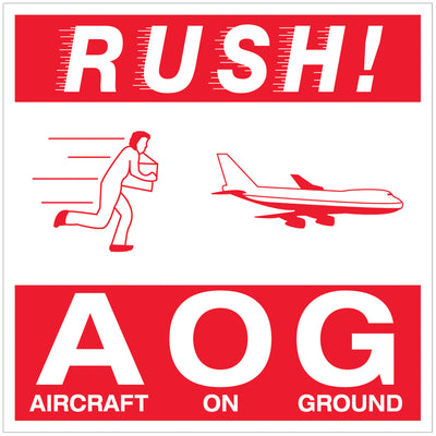 Maintain FAA and D.O.T. compliance with official Rush AOG labels designed for aircraft on ground operations. These 4x4" semi-gloss coated paper labels clearly identify critical shipments and hazardous materials handling requirements. Roll of 500 provides substantial stock for high-volume shipping departments.