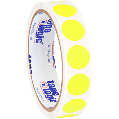 High-visibility fluorescent yellow removable adhesive labels designed for quick inventory coding and item identification. These 3/4" diameter paper circles adhere securely to multiple surfaces yet leave zero residue when removed. With 500 labels per roll, they offer cost-effective color-coded organization for warehouses, manufacturing facilities, and distribution centers.