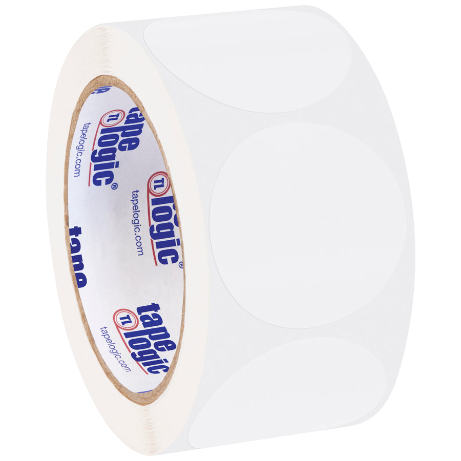 Professional-grade 2" clear removable adhesive circle labels designed for inventory coding and item identification. Paper material writes smoothly, adheres reliably to multiple surfaces, and leaves zero residue on removal. 500 labels per roll for efficient warehouse and manufacturing operations.