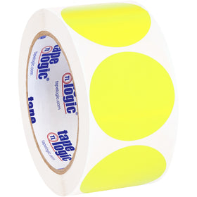 Bright fluorescent yellow removable adhesive circles perfect for inventory coding and item classification. These 2" diameter paper labels stick securely to multiple surfaces yet leave zero residue when removed. 500 labels per roll with a write-on surface for quick identification.