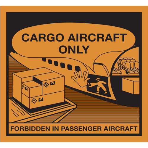 Ensure full DOT and FAA compliance with our Cargo Aircraft Only labels‚the orange/black semi-gloss labels required for hazardous material shipments via air. Pre-printed with identification numbers, these 4 3/8 x 4 3/4