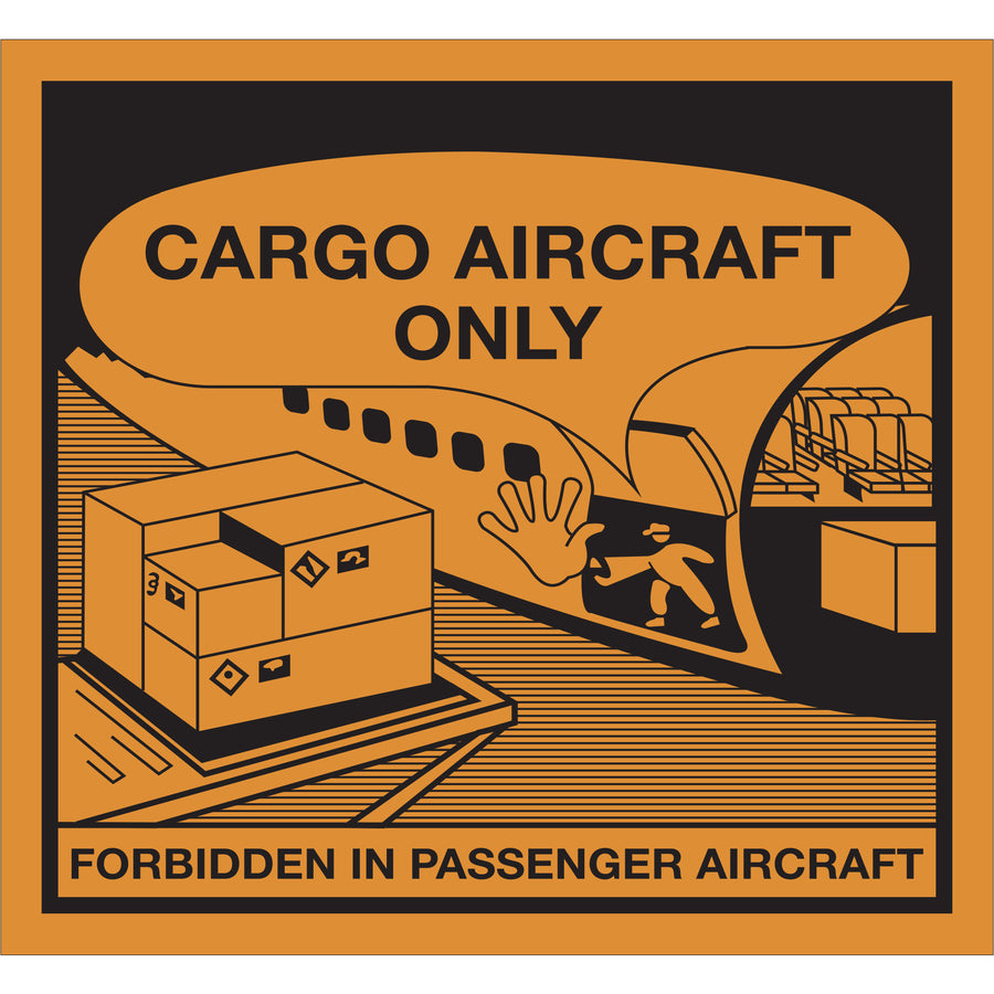 Ensure full DOT and FAA compliance with our Cargo Aircraft Only labels–the orange/black semi-gloss labels required for hazardous material shipments via air. Pre-printed with identification numbers, these 4 3/8 x 4 3/4" labels come 500 per roll and work seamlessly with our tabletop and wall-mount dispensers for high-volume shipping operations.