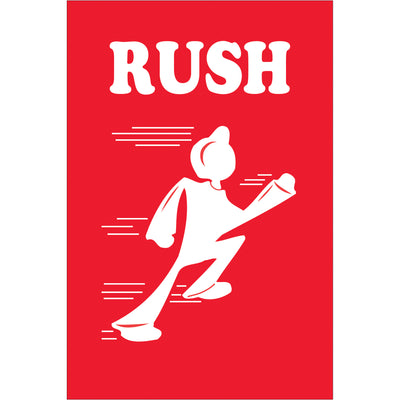 International-compliant 4x6" rush labels on semi-gloss coated paper. Red/white color scheme ensures visibility in high-speed shipping operations. 500 labels per roll with compatible tabletop and wall-mount dispensers available.