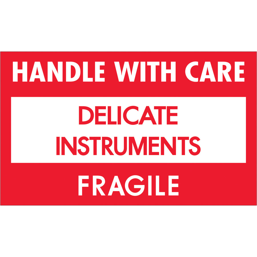 High-visibility 3x5" delicate instrument shipping labels printed on durable semi-gloss coated paper. Roll of 500 labels instantly communicates handling requirements to all handlers across domestic and international shipments. Red/white/black warning design ensures maximum visibility on any carton.