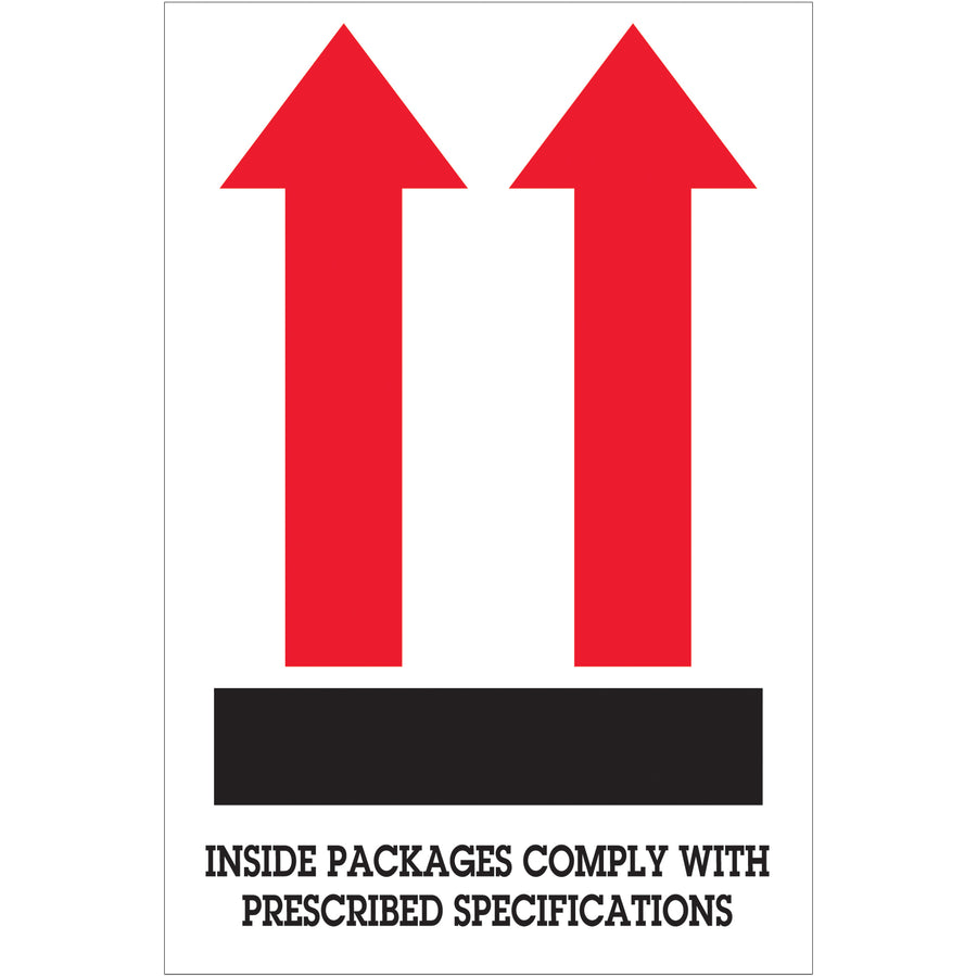 4" x 6" directional arrow labels printed on semi-gloss coated paper–500 labels per roll. These peel-and-apply shipping labels instantly communicate proper package orientation to handlers, reducing damage claims and ensuring IATA/IMDG compliance. Red, white, and black color scheme for maximum visibility in transit.